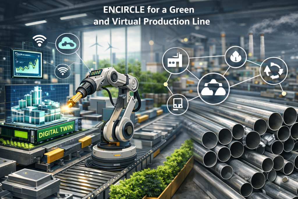 Robotic arm operating in an aluminium production facility with digital twin display.